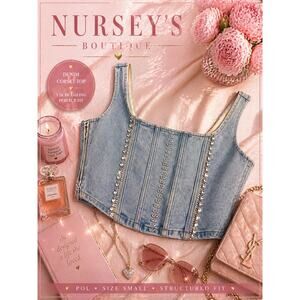 POL Denim Corset Top Rhinestone Bustier Y2K Festival Small